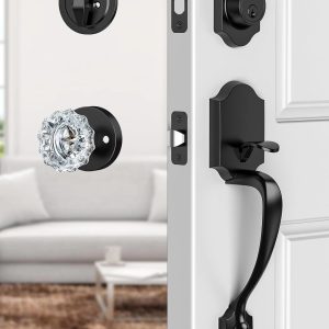 Retro Carved Black Entrance Handle Lock, Luxury Crystal Ball Decorative Door Lock Set