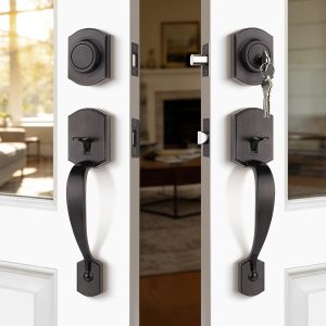 Antique Black Bronze Double-Sided Large Handle Entrance Door Lock Set, American Style Home Entrance Door Anti-theft Mechanical Lock Set