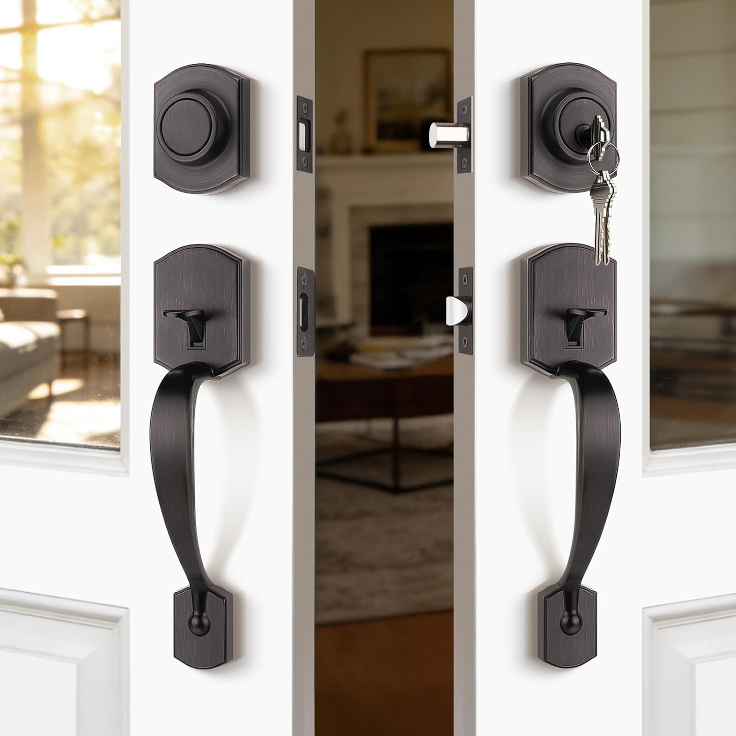 Antique Black Bronze Double-Sided Large Handle Entrance Door Lock Set, American Style Home Entrance Door Anti-theft Mechanical Lock Set