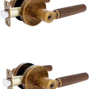 Vintage Antique Bronze and Wood Handle Lock for Home Interior Wooden Doors with Key and Handle (2-Pack)