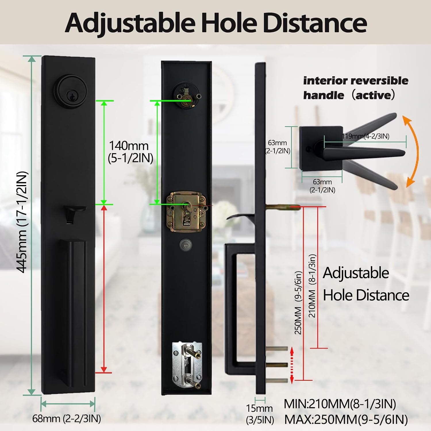 Long Black Integrated Door Lock, Modern Solid Wood Entrance Door Heavy Duty Handle Lock - Image 2