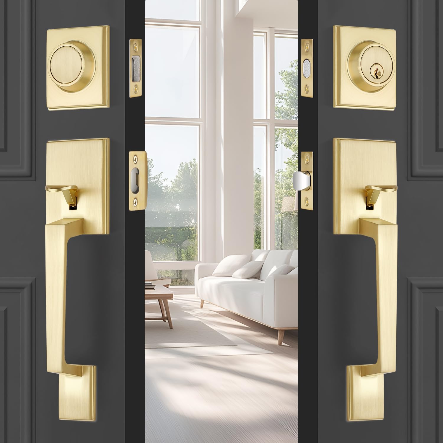 Luxury Brushed Gold Double Door Lock Set - Modern American Style Handle Security Lock Set