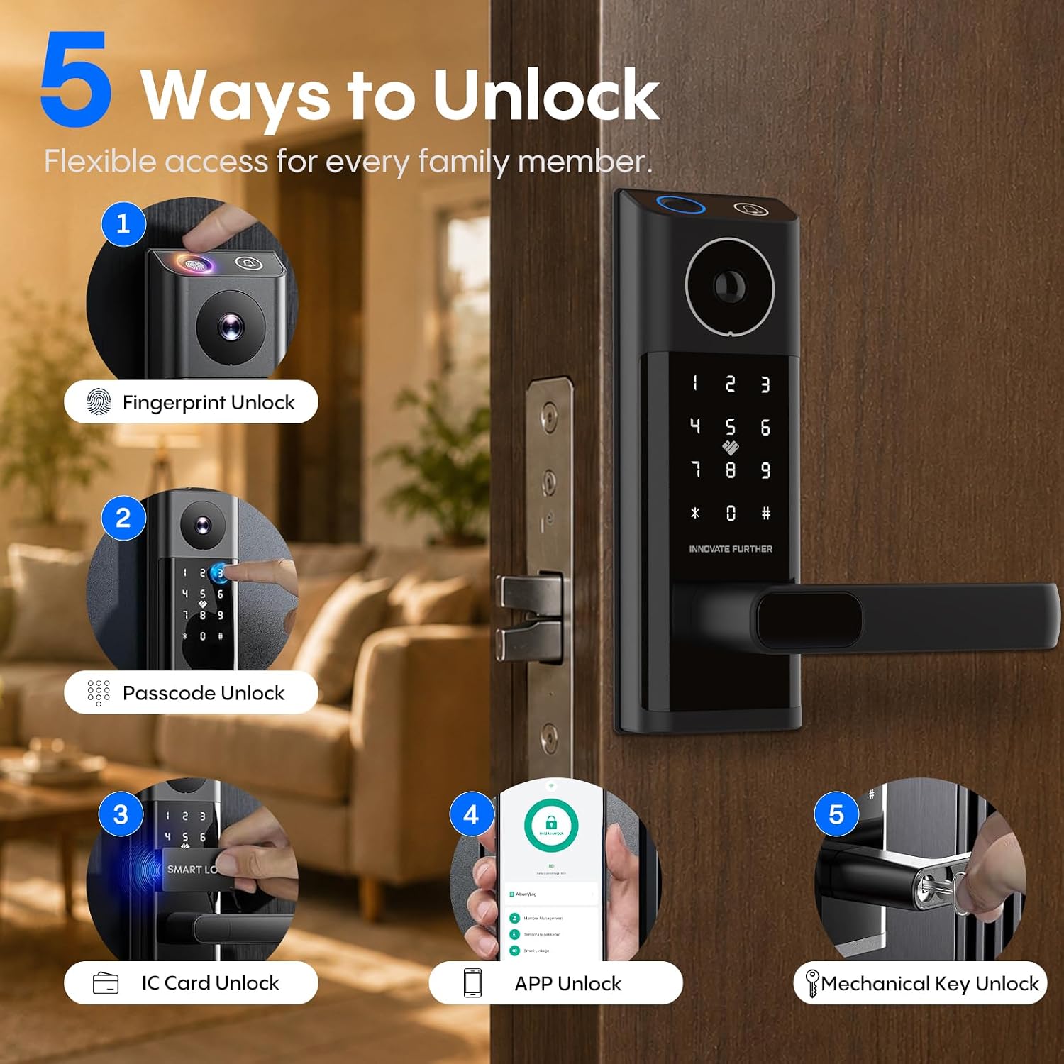 Home Smart Door Lock with Video Camera, Bluetooth, APP, Fingerprint, Password, and Card Access - Image 2