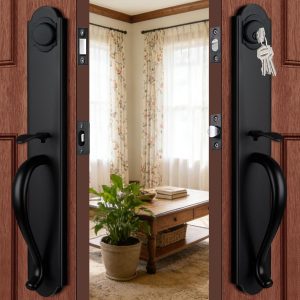 Retro Double-Door Lock Set, Matte Black, Luxury Villa Entrance Door Handle Lock