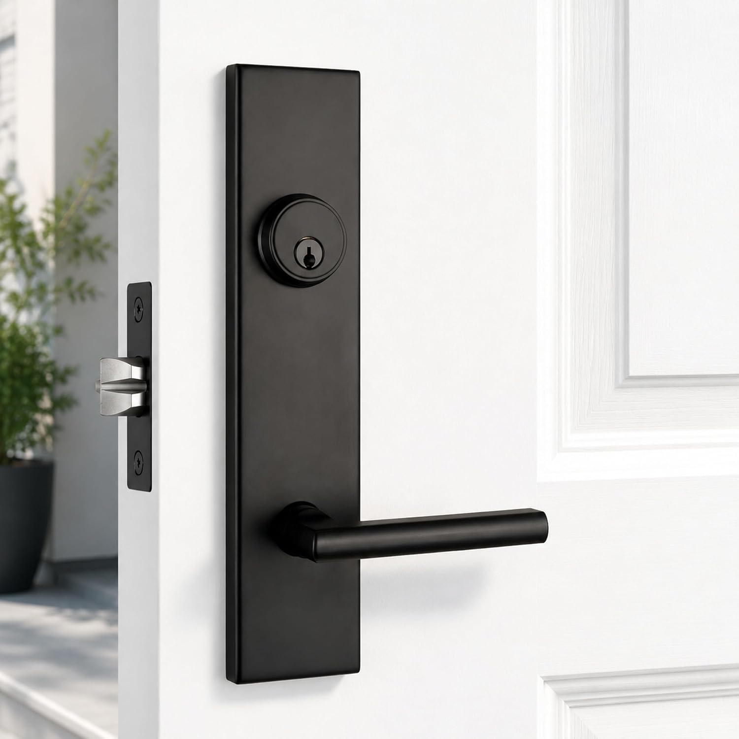 Minimalist Long Panel Integrated Entrance Door Lock, Matte Black Modern Hinged Door with Lock Cylinder and Handle