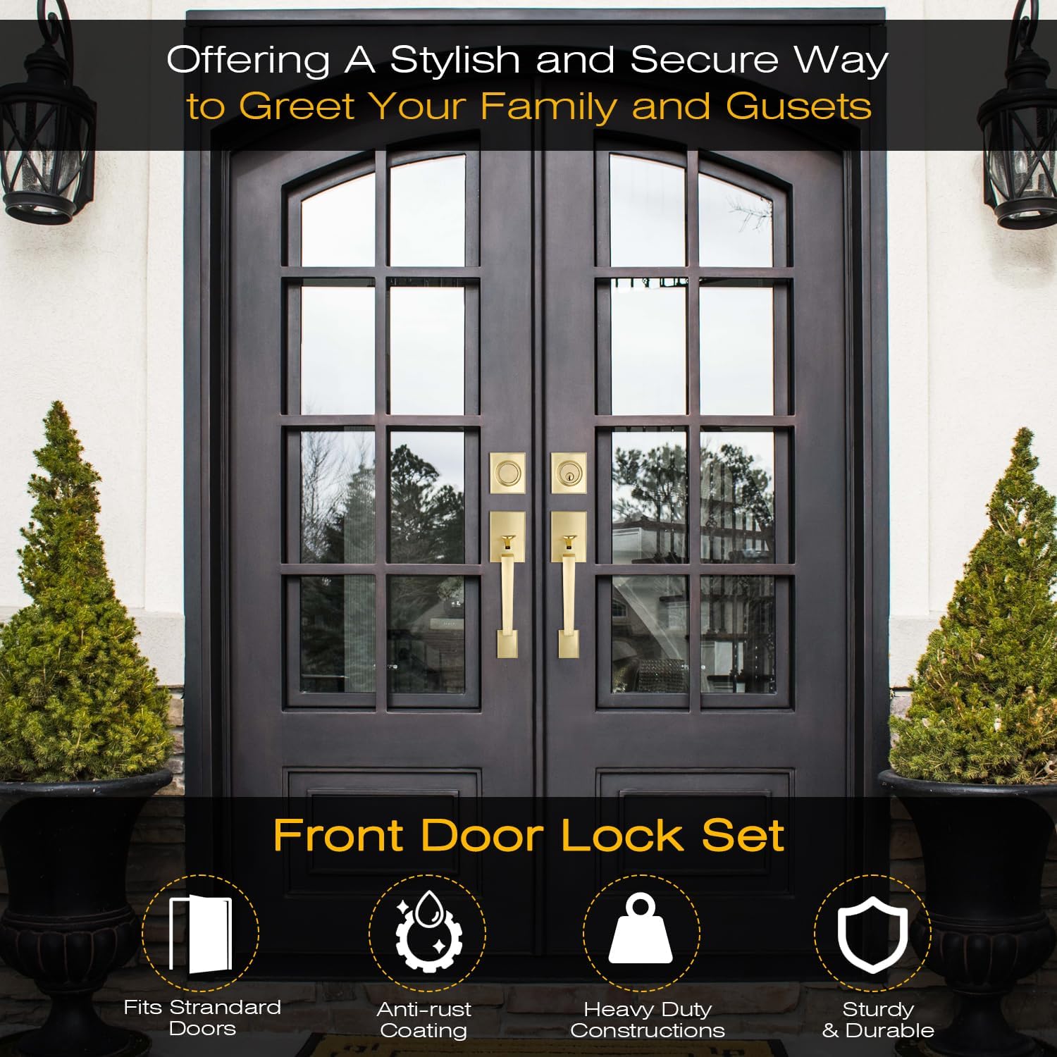 Luxury Brushed Gold Double Door Lock Set - Modern American Style Handle Security Lock Set - Image 2